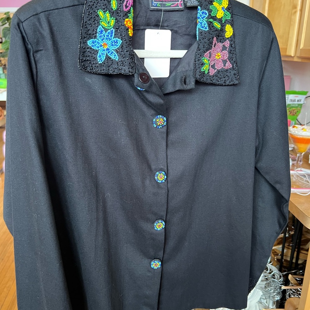 Black Shirt with Floral Embroidered Collar